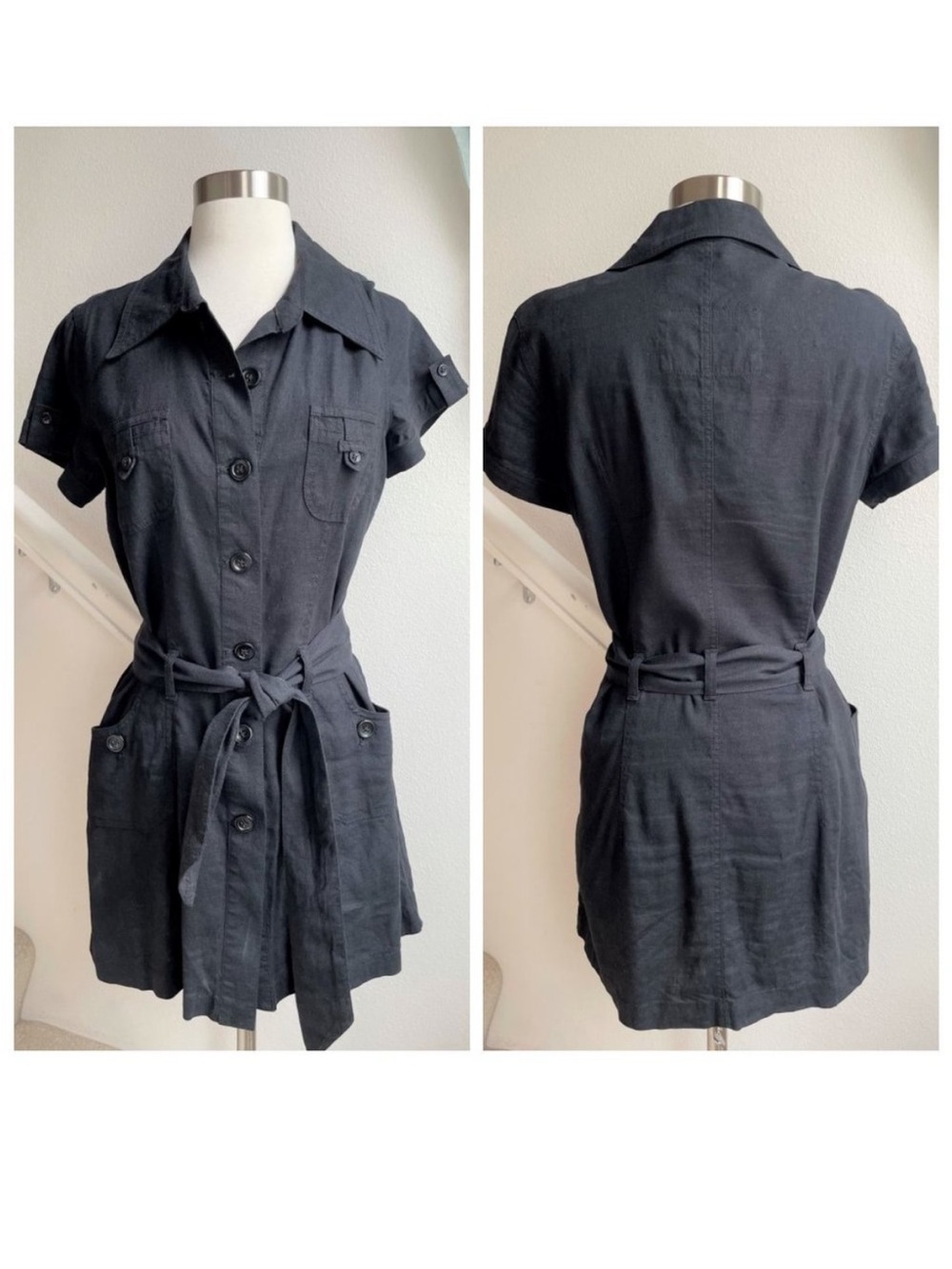 WHBM Black Linen Blend Mini Utility Shirt Dress